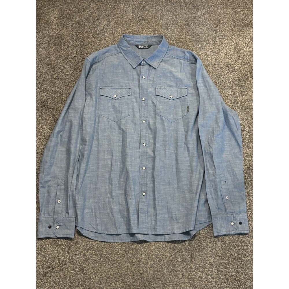 Stio Ashton Chambray Pearl Snap Shirt XL Organic Cotton Long Sleeve Blue